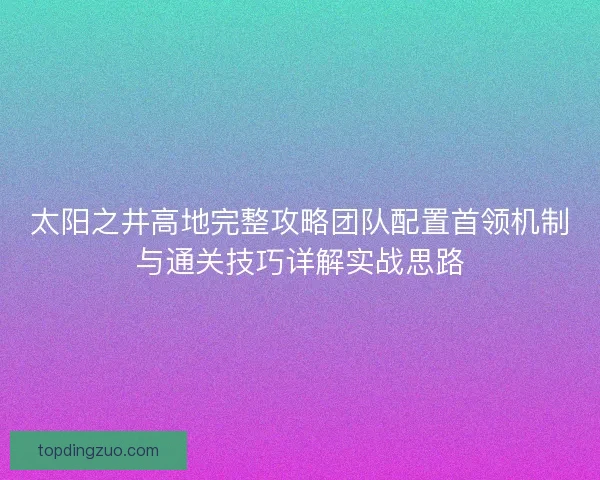 太阳之井高地完整攻略团队配置首领机制与通关技巧详解实战思路